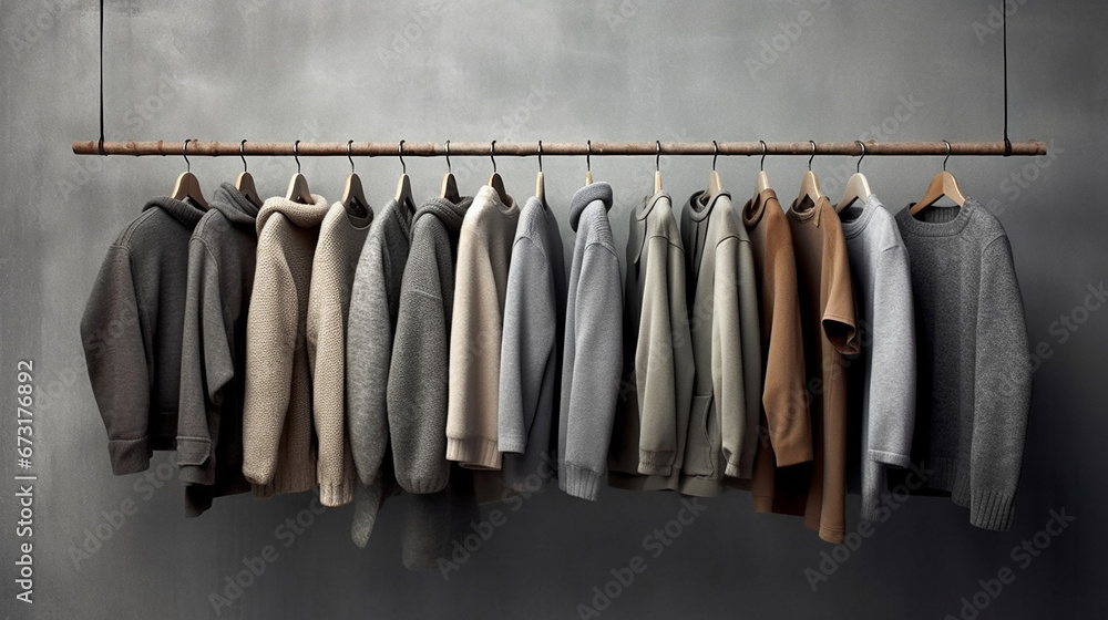 Mix of fashion clothes of different color and style in a hanger in a store against a solid color background Mix of fashion clothes of different color and style in a hanger in a store against a solid color background