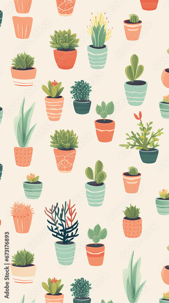 A charming pattern with adorable succulent plant, each represented with clean lines and a limited color palette created with Generative Ai
