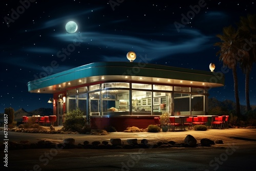 Vintage diner under moonlight. Generative AI