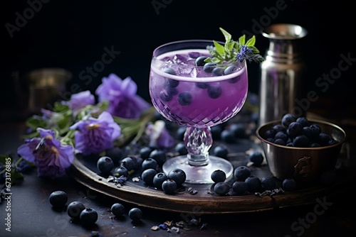 Purple lavender blueberry cocktail with blueberries. Generative AI