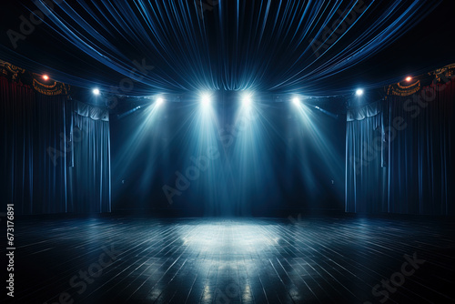 a theatre stage with blue curtains and brightly illuminated with spotlights from above photo