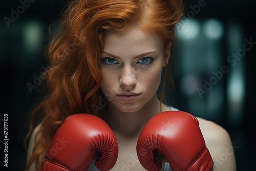 Portrait of a young attractive redheaded and freckled female fighter wearing red boxing gloves on a dark gym background © Маргарита Вайс