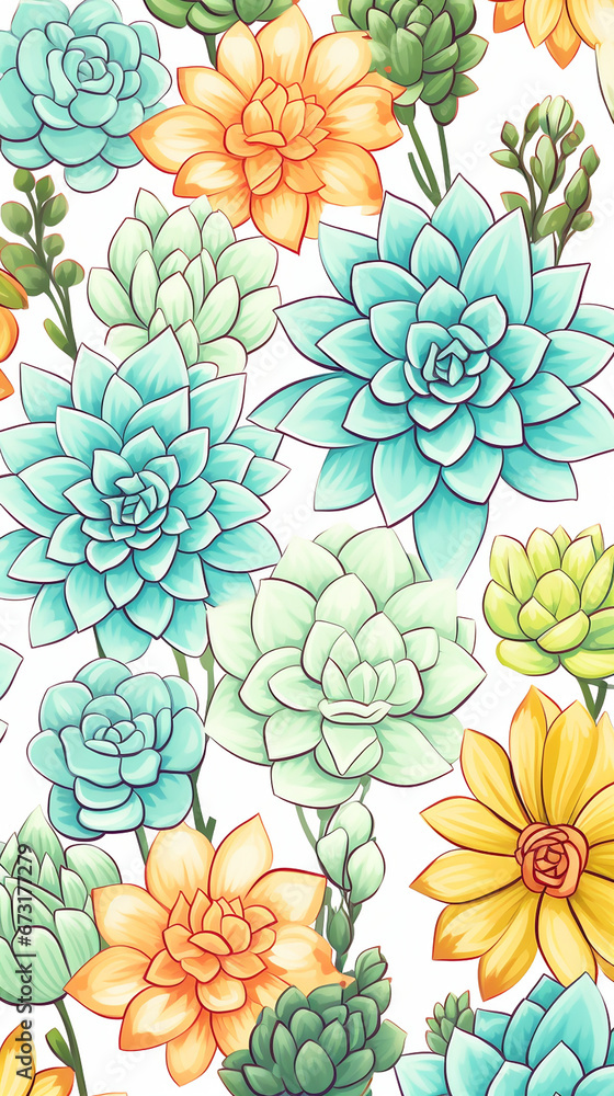 A charming pattern with adorable succulent plant, each represented with clean lines and a limited color palette created with Generative Ai A charming pattern with adorable succulent plant, each represented with clean lines and a limited color palette created with Generative Ai