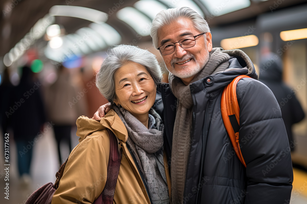 Happy smiling traveling elderly Asian couple standing at train station