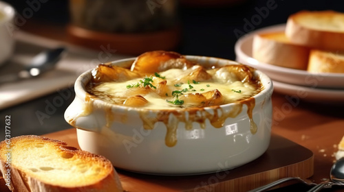 A Dish of Classic French Onion Soup on a Table Top on Selective Focus Background