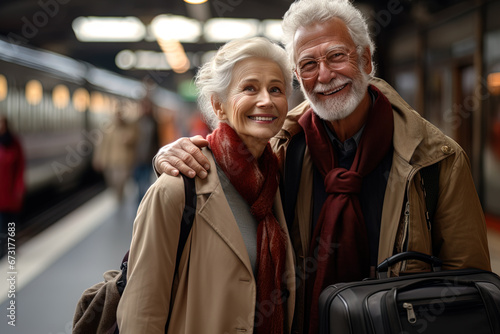Happy smiling traveling elderly couple hugging while waiting for train at station