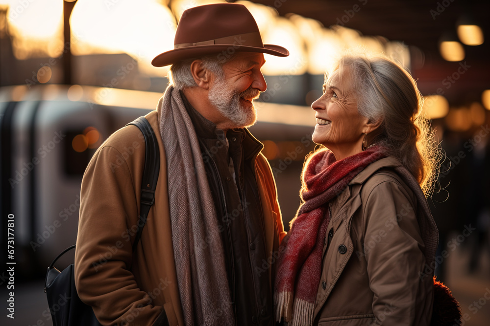 Happy smiling traveling elderly couple looking to each other while standing at train station