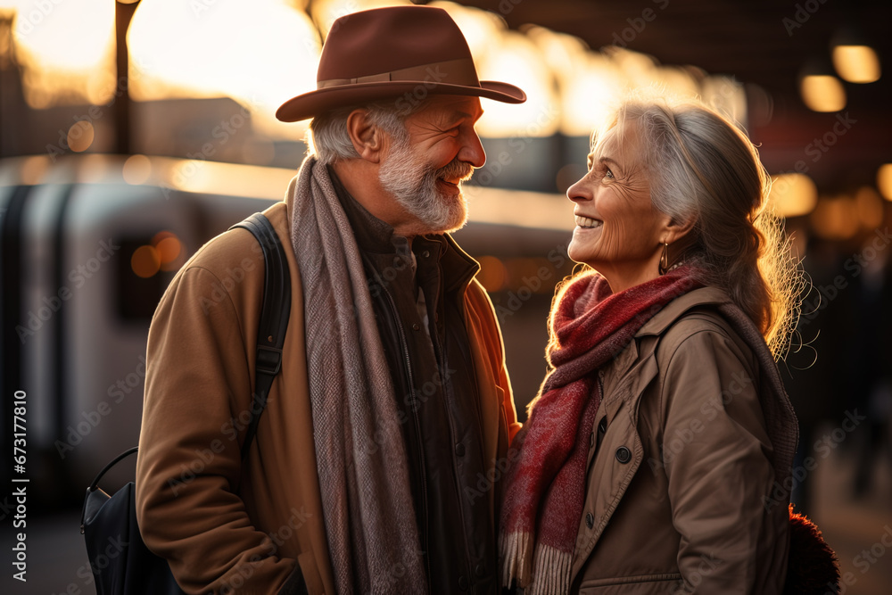 Happy smiling traveling elderly couple looking to each other while standing at train station Happy smiling traveling elderly couple looking to each other while standing at train station