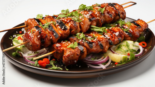 Grilled Chicken Barbecue Roasted Shish Kebab Served on a White Plate Defocused Background