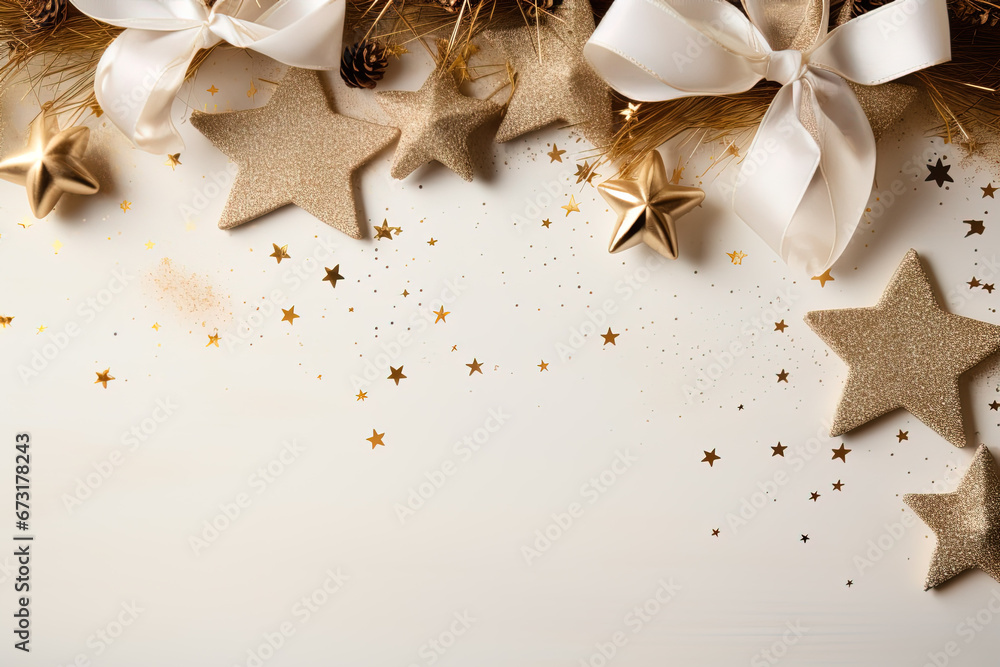 Flat lay of Christmas decorations, stars, ribbons, pine cones, bows on a white background. Christmas holiday banner copy space