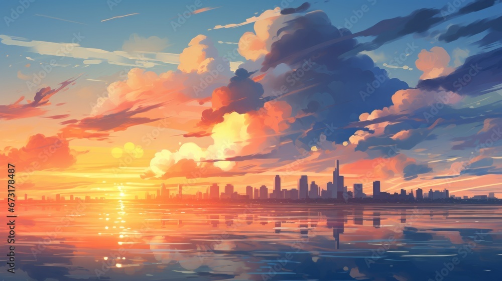 Beautiful anime style background with a picturesque sunrise, fluffy clouds, a serene lake, and a bright sun shining in the sky. - obrazy, fototapety, plakaty 