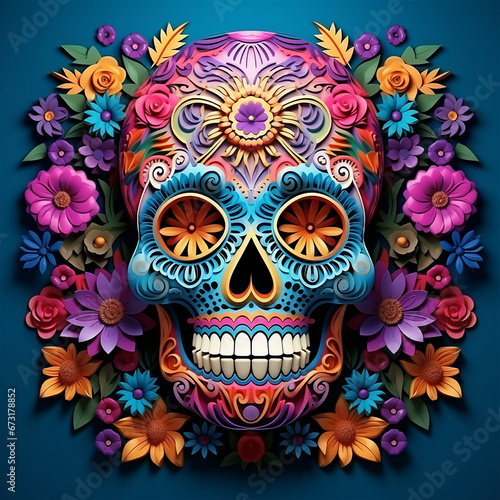 3D Skull cinco de mayo, flowers pattern background, full color, 3d papercut style created with Generative Ai