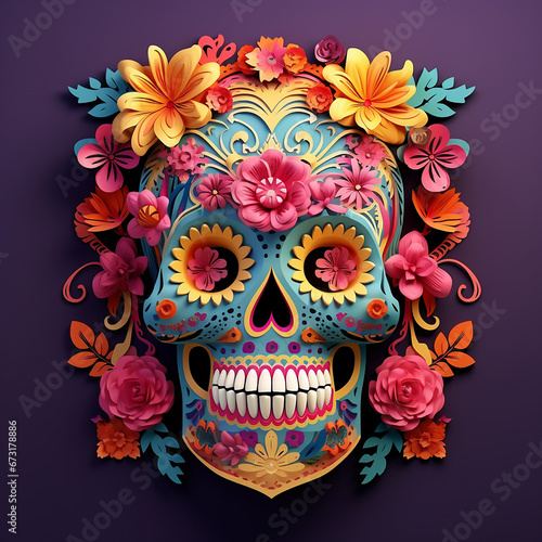 3D Skull cinco de mayo, flowers pattern background, full color, 3d papercut style created with Generative Ai