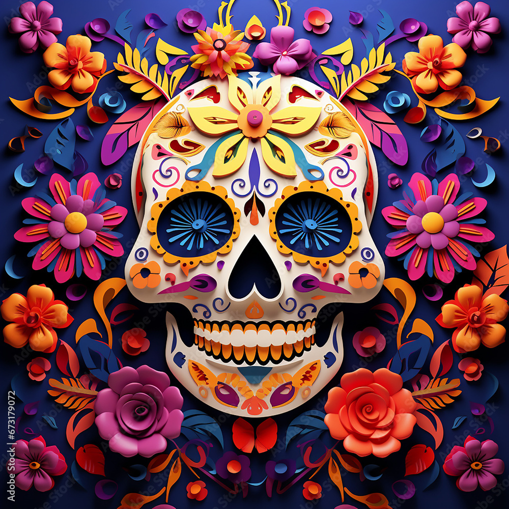 3D Skull cinco de mayo, flowers pattern background, full color, 3d papercut style created with Generative Ai 3D Skull cinco de mayo, flowers pattern background, full color, 3d papercut style created with Generative Ai