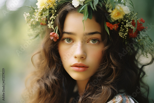 Close-Up Portrait of a Beautiful Girl in a Wreath of Flowers