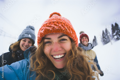 Winter Laughter: Portrait of Three Friends Laughing at the Camera on a Snowy Day