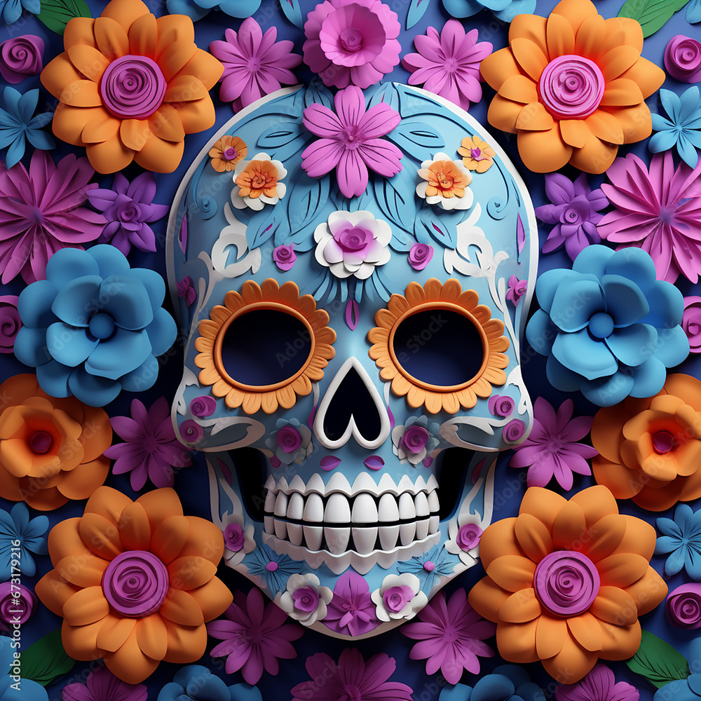 3D Skull cinco de mayo, flowers pattern background, full color, 3d papercut style created with Generative Ai