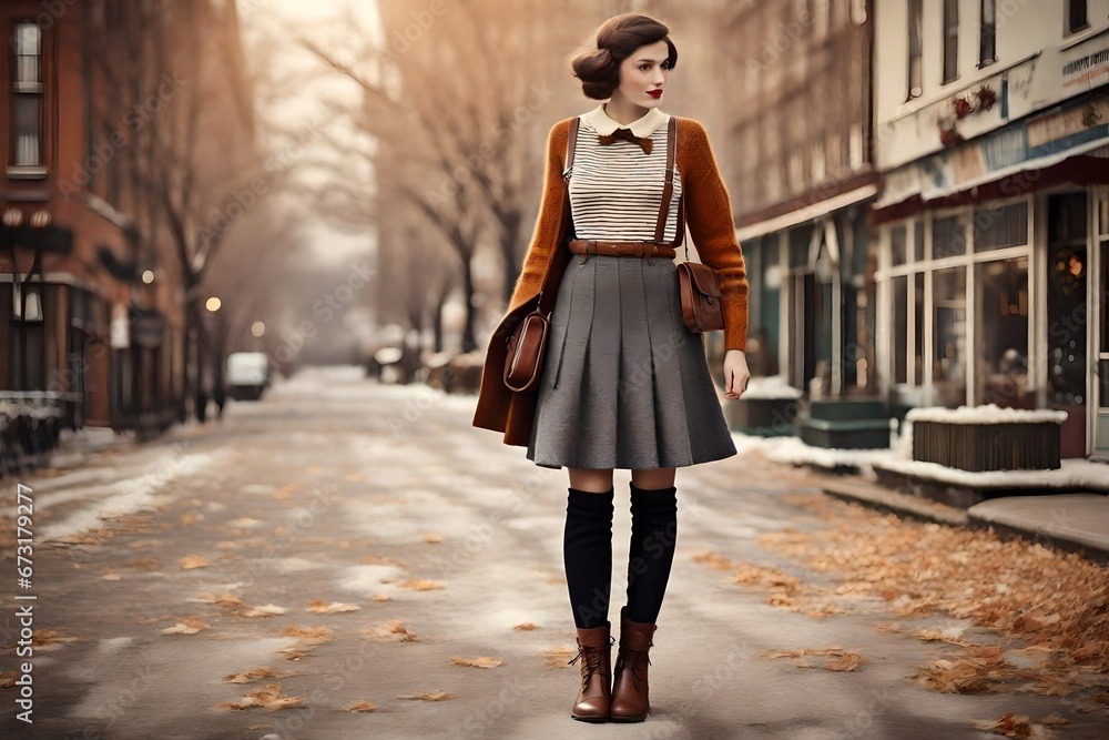 A vintage-inspired wool skirt with suspenders, worn over a cable-knit sweater, and knee-high boots, creating a retro winter ensemble.