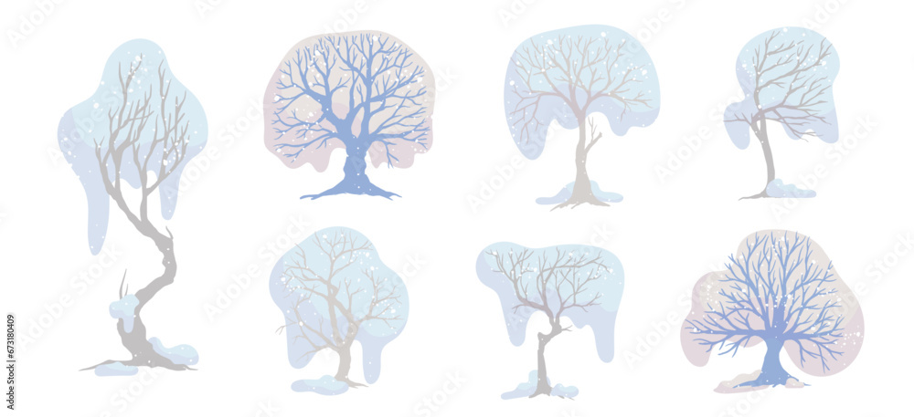 Obraz premium Set of snow-covered winter trees. Vector graphics.