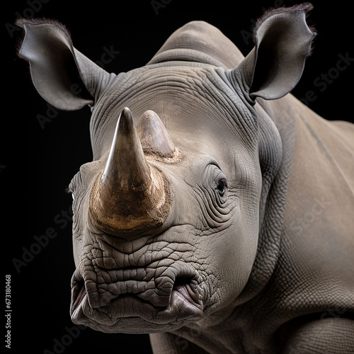 a close up photo of a Rhino portrayed in studio on a white background created with Generative Ai