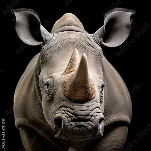 a close up photo of a Rhino portrayed in studio on a white background created with Generative Ai