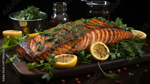 Grilled Atlantic salmon with Fresh Herbs and Lemon Glaze on Blurry Background
