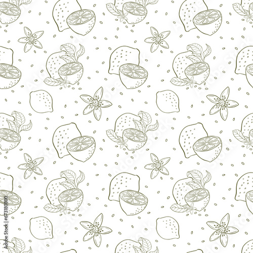 Stylish summer pattern with lemon branch, lemon flowers. Background with citrus fruits, vector illustration in graphic style, print. Suitable for packaging design, textiles and other things.