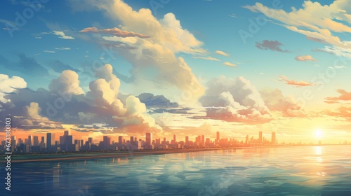 Breathtaking anime style background with a beautiful sunrise, fluffy clouds, a calm lake, and a shining sun.