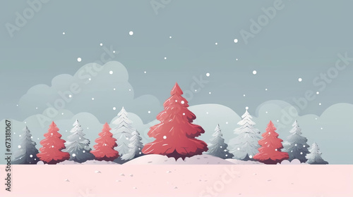 flat 2D illustration, simple colors, copy space, vector illustration, Christmas background. Beautiful christmas landscape. Design for christmas card or invitation or advertisement.