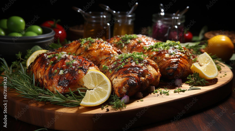 Most Delicious Grilled Chicken Dark on Blurry Background Most Delicious Grilled Chicken Dark on Blurry Background