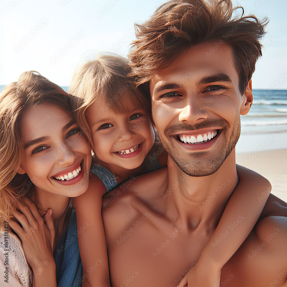 Family portrait on the beach, smiling, people concept, generative ai Family portrait on the beach, smiling, people concept, generative ai