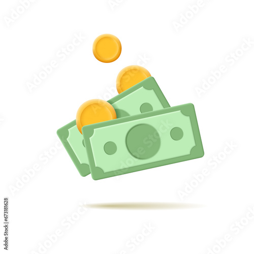 3D cash, coins. Composition for business concepts, banks, currency markets, and stock trading companies. Profit and enrichment. Objects on a white background.