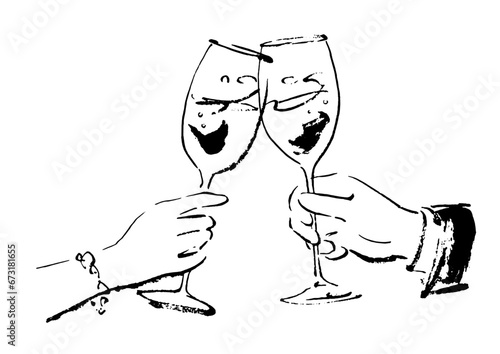 グラスで乾杯 イラスト（白黒・線画）
