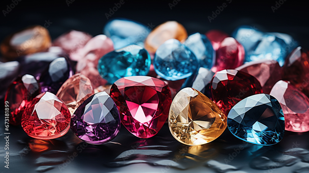 Loose Diamonds in All Shapes and Colours Round-Cushion-Asscher-Teardrop-Pear and Heart Shape etc on Blurry Background Loose Diamonds in All Shapes and Colours Round-Cushion-Asscher-Teardrop-Pear and Heart Shape etc on Blurry Background