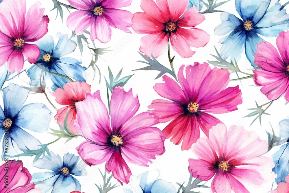 Floral pattern with vibrant watercolor cosmea flowers. Generative AI