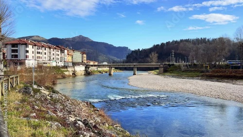 Cityscape of Arriondas in Asturias, Spain. River Sella in the scene