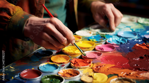Painter hand dips paintbrush in vibrant paint to drawing on canvas, around colorful containers of paint, scene imparts sense of artistic process and blend of colors and ideas, colorful palette photo
