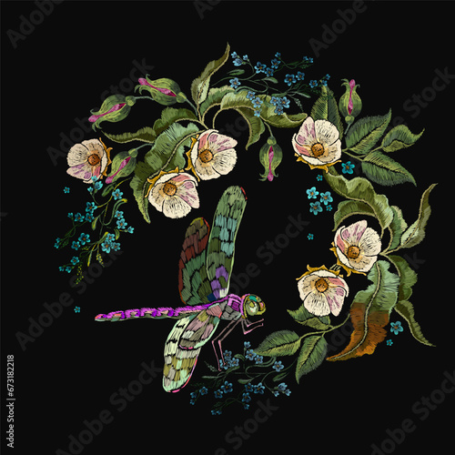 Colorful dragonfly and white flowers. Fashion template for clothes, t-shirt design, textile