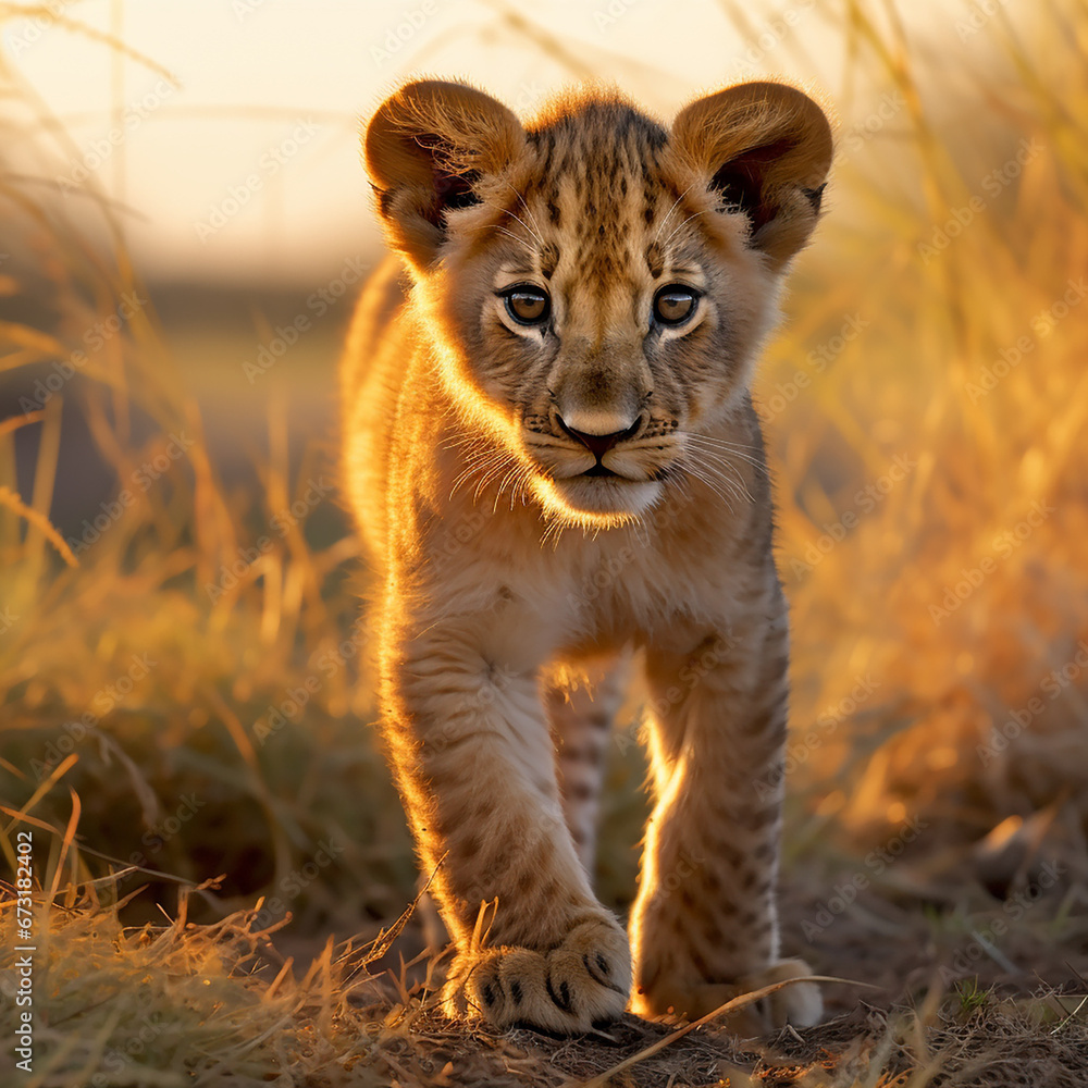 a young lion cub, his fur a rich golden hue, standing in the heart of the African savannah created with Generative Ai a young lion cub, his fur a rich golden hue, standing in the heart of the African savannah created with Generative Ai
