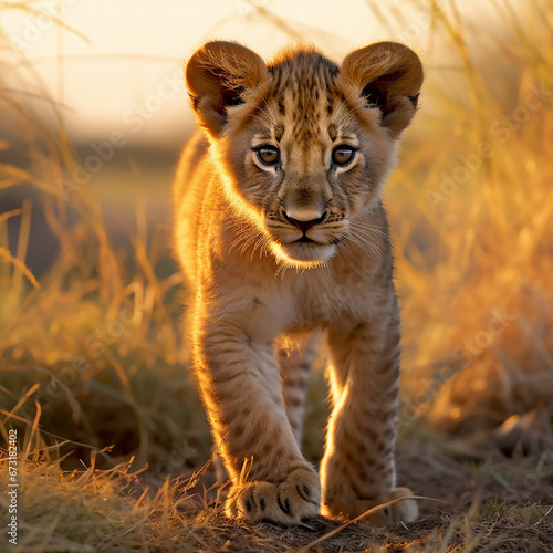 a young lion cub  his fur a rich golden hue  standing in the heart of the African savannah created with Generative Ai