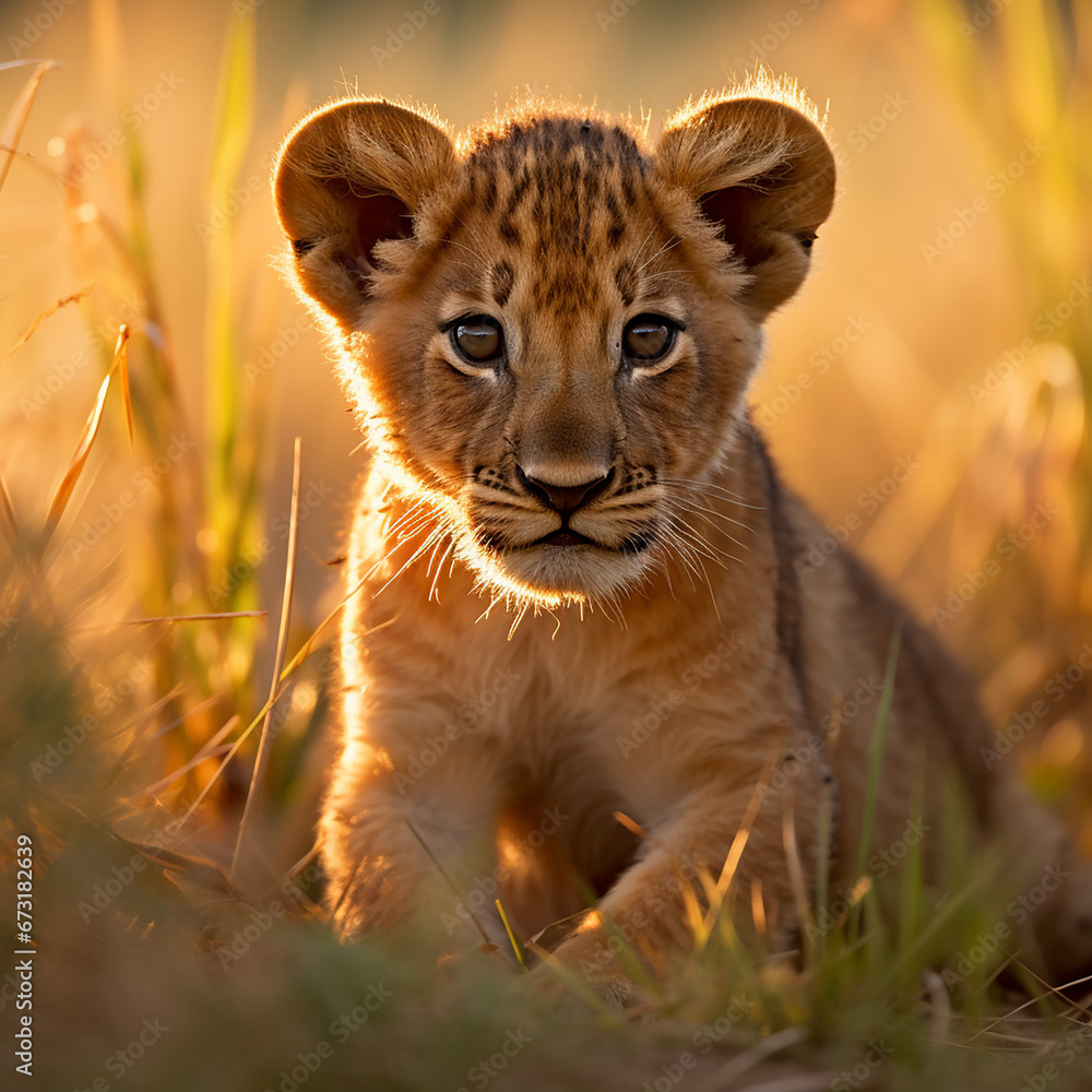 Obraz premium a young lion cub, his fur a rich golden hue, standing in the heart of the African savannah created with Generative Ai