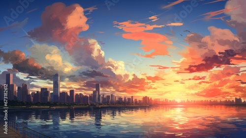 Beautiful city landscape background. Cartoon summer sunset with clouds and lake. Anime style