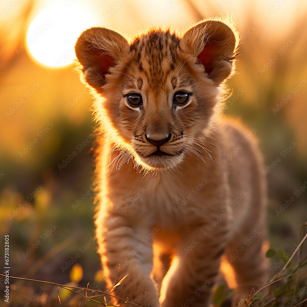 Obraz premium a young lion cub, his fur a rich golden hue, standing in the heart of the African savannah created with Generative Ai