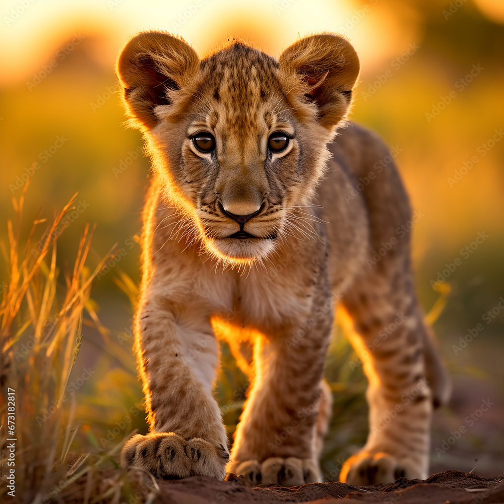 Obraz premium a young lion cub, his fur a rich golden hue, standing in the heart of the African savannah created with Generative Ai