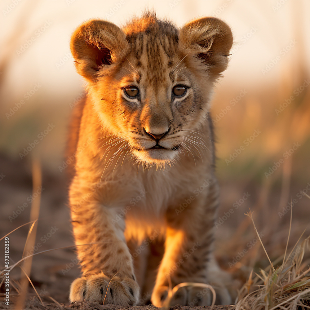 Obraz premium a young lion cub, his fur a rich golden hue, standing in the heart of the African savannah created with Generative Ai