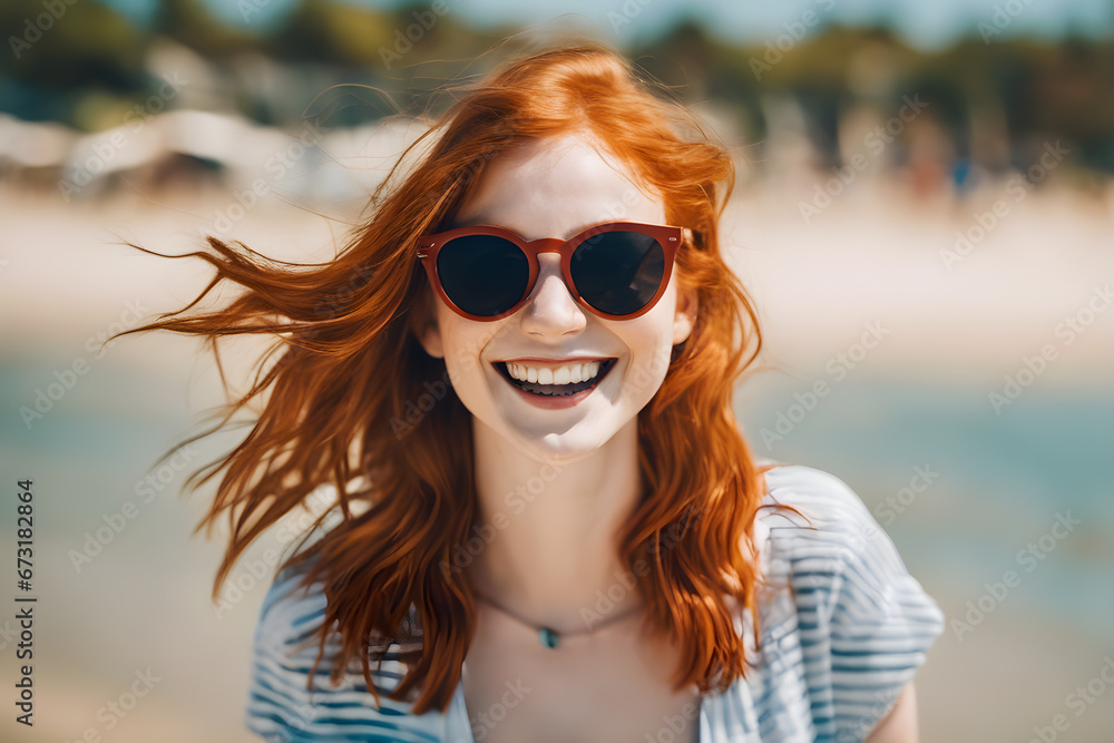 Portrait of Attractive young woman with sunglasses and stunning smile walking on the beach on windy day, AI generated Portrait of Attractive young woman with sunglasses and stunning smile walking on the beach on windy day, AI generated