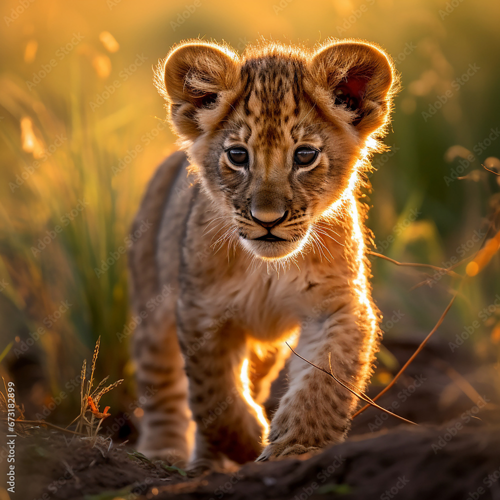 Obraz premium a young lion cub, his fur a rich golden hue, standing in the heart of the African savannah created with Generative Ai