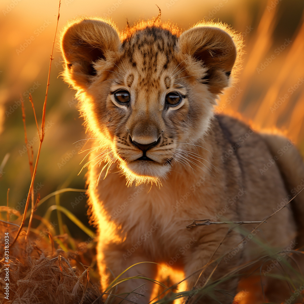 Obraz premium a young lion cub, his fur a rich golden hue, standing in the heart of the African savannah created with Generative Ai