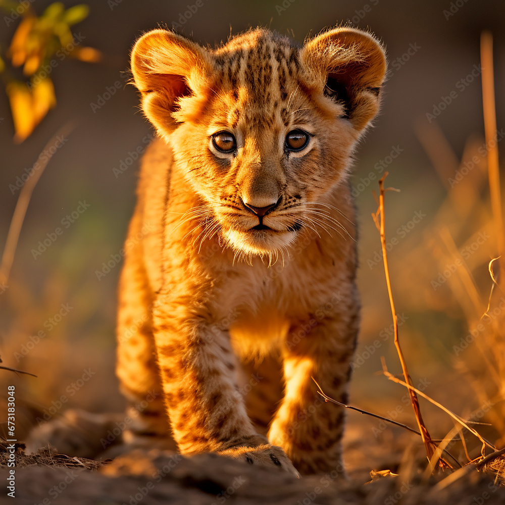 Obraz premium a young lion cub, his fur a rich golden hue, standing in the heart of the African savannah created with Generative Ai