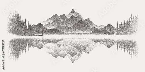 Forest and mountains are reflected in the lake, vignette. Vector sketch, imitation of a pencil drawing.	